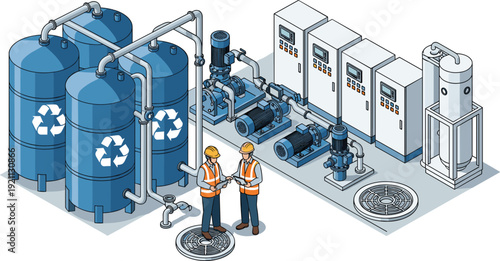 Isometric industrial recycling plant with blue storage tanks and workers monitoring automated processing system, vector