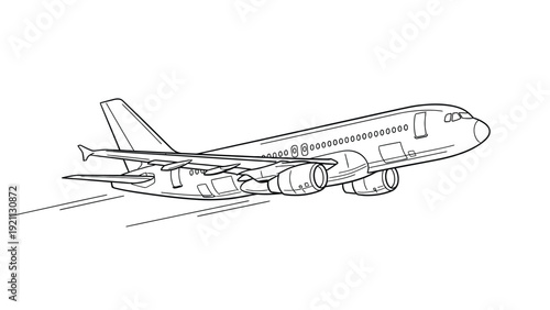 Line drawing of an airplane in flight, with streamlined body, detailed wings, and engines visible. The sketch suggests movement and speed against a blank backdrop.