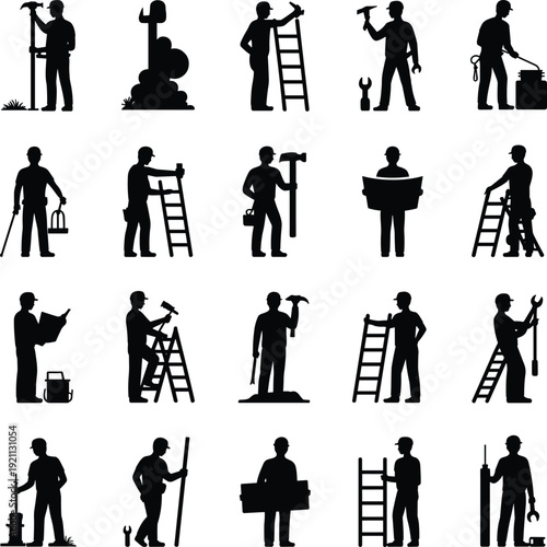 Collection of handyman and construction worker silhouettes with tools and ladders, professional builder icons set isolated on white background, home repair and maintenance concept illustration