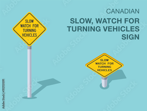Traffic regulation rules. Isolated canadian "slow, watch for turning vehicles" road sign. Front and top view. Flat vector illustration template.