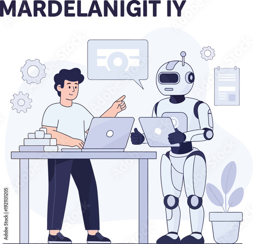 Man and AI Robot in a Collaborative Work Environment Discussing Ideas at a Desk with Gadgets Isolated white background