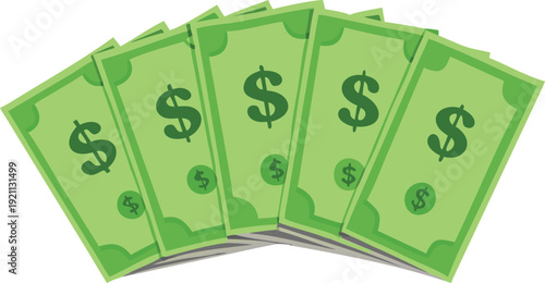 Five united states dollar bills fanned out against a plain white background