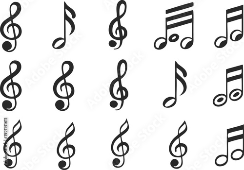 A collection of various black musical symbols and notes on a white