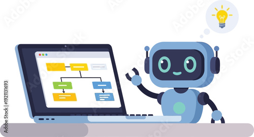 AI Robot Suggesting Creative Ideas with Lightbulb Icon on Laptop Flowchart Display Isolated white background