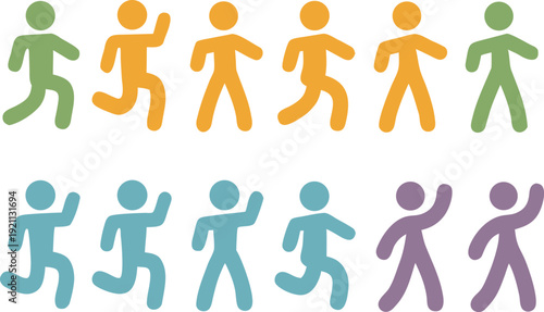 A collection of colorful stick figures depicting people in various poses high quality