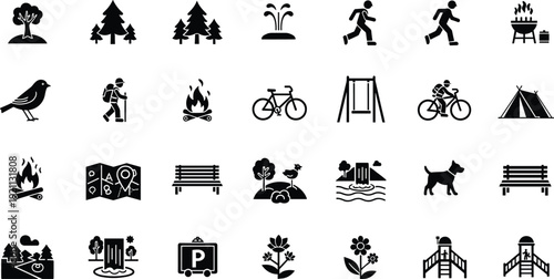 Park and outdoor icons set with camping, hiking, cycling, waterfall, trees and recreation symbols isolated on white background.