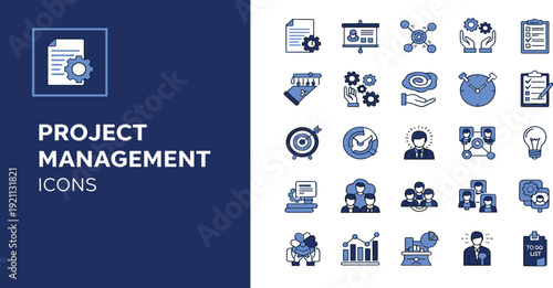 Project management icons set with business planning symbols, teamwork, task organization, target and time management signs.