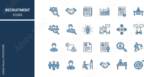 Recruitment icons set with hiring symbols, job search, candidate profile, interview and career growth signs on white background.