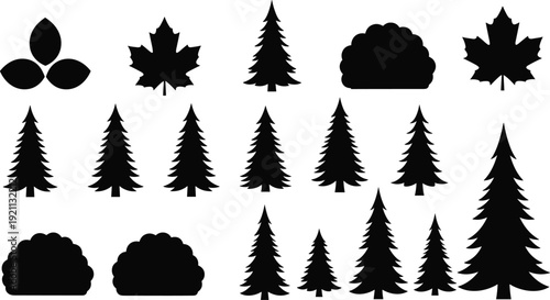 Black pine tree silhouettes set, forest maple leaves and bush icons, nature vector collection for outdoor landscape design, isolated elements. (20 words)