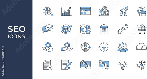 SEO icons set with search engine optimization symbols, data analytics, link building and marketing growth signs.