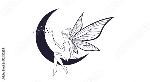 An elegant and magical line art drawing of a beautiful fairy with delicate wings, sitting on a crescent moon.
