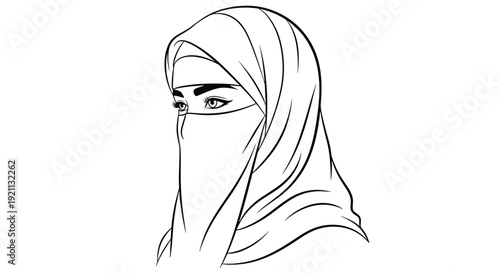 A minimalist black and white line art portrait of a beautiful Muslim woman wearing a traditional niqab, showing only her eyes.