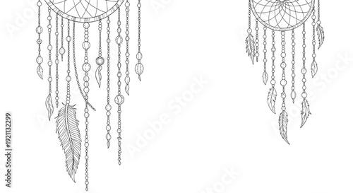 Hand-drawn black and white dreamcatchers with intricate beads and feathers hanging down, isolated on a white background.