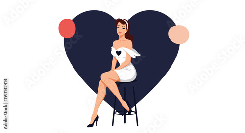 Beautiful pin-up girl in a white dress with a small black heart, sitting on a stool against a large dark heart background.