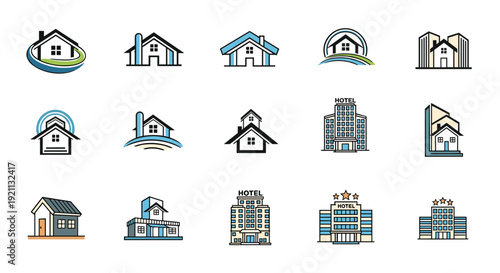 Set of colorful real estate icons and logos featuring various designs of houses, hotels, and modern buildings for branding.
