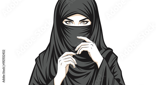 Beautiful portrait of a Muslim woman wearing a traditional black niqab, with a focus on her expressive and enchanting eyes.