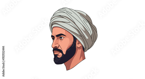 Vector portrait of a handsome bearded man wearing a traditional turban, illustrated in a clean and modern cartoon style.