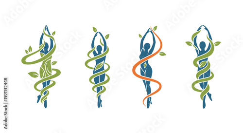 Set of wellness and spa logos featuring a woman's silhouette gracefully wrapped in a green vine with leaves for branding.