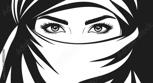 Black and white close-up vector illustration of a beautiful Muslim woman's eyes, with her face covered by a hijab.