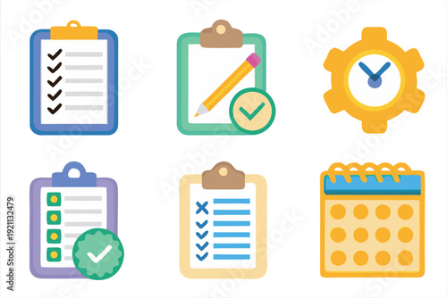 Colorful icons depicting task management checklists schedules and organizational tools high quality professional
