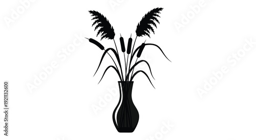 A striking black silhouette of cattails and grasses arranged in a slender vase creating a minimalist scene silhouette