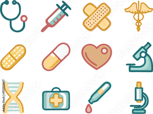 Collection of colorful medical icons representing healthcare and various treatments high quality professional