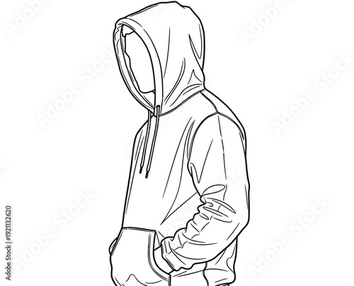 Line drawing of a person in a hoodie with their hands in the front pocket. The hood is up, obscuring facial features, creating a mysterious tone.