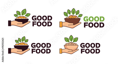 Set of four 'GOOD FOOD' logos featuring a hand holding a bowl of healthy food with green leaves growing out.