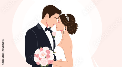 Beautiful wedding illustration of a bride and groom embracing lovingly, with the bride holding a bouquet of pink roses.