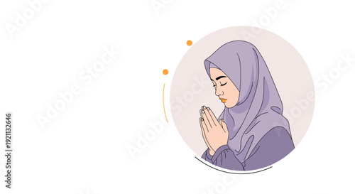Beautiful illustration of a young Muslim woman wearing a purple hijab in prayer, framed within a circle on a light background.
