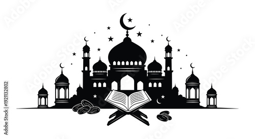 An ornate islamic mosque complex with a crescent moon stars and an open holy book a silhouette