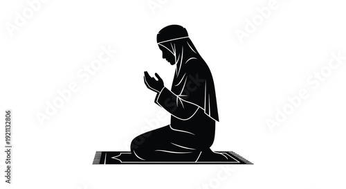 A kneeling man in traditional islamic attire with hands clasped in prayer a striking silhouette high quality professional