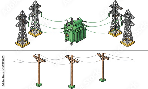 Isometric electrical power grid infrastructure with high voltage pylons, transformer substation and utility poles, vector illustration