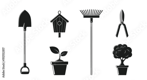 Set of six black and white gardening tool icons, including a shovel, rake, shears, and a potted plant silhouette.