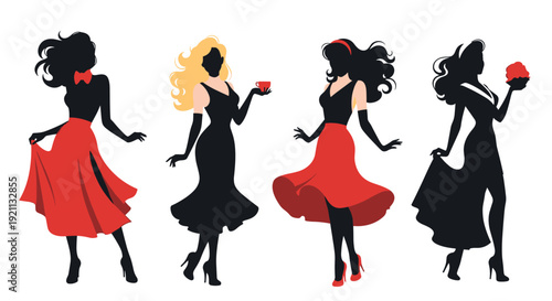 Set of four elegant silhouettes of women in retro black and red dresses, capturing a classic and timeless style.