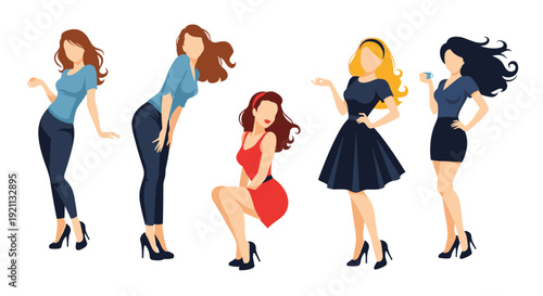 Collection of five modern women in different stylish outfits and poses, illustrated in a faceless, minimalist style.