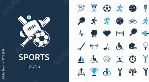 Sports icons set with soccer, basketball, tennis, baseball, rugby, gym, cycling and running symbols on dark background.