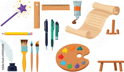 Artistic and magical creative tools collection, wooden rulers, paint brushes, palette, pens, parchment, magic wand, vector illustration