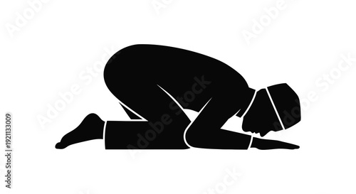 A stark black silhouette depicts a person kneeling in prayer embodying devotion and spiritual connection silhouette high quality