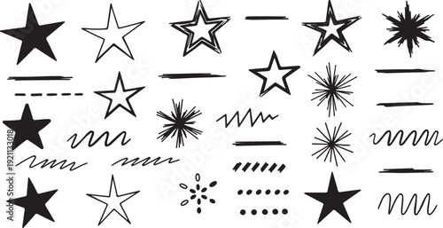 Hand drawn stars and decorative elements in minimalist black and white style with varying line weights and textures for graphic design