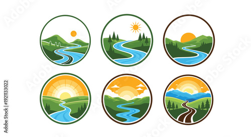 Collection of six circular landscape logos featuring a winding river or road through green hills towards the bright sun.