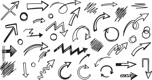 Hand-drawn arrows collection in various styles and directions in black and white for graphic design