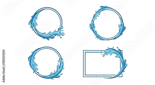 Collection of four decorative frames, including three circles and one rectangle, adorned with dynamic blue water splashes.