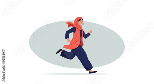 Dynamic illustration of a happy young Muslim woman in a hijab and modern clothes running with a smile on her face.