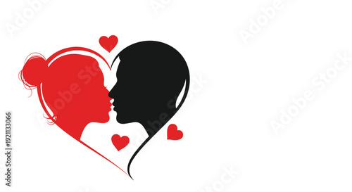 Silhouette of a romantic couple about to kiss, their faces forming a heart shape, surrounded by smaller red hearts.