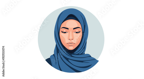 Portrait of a beautiful and serene young Muslim woman wearing a blue hijab, looking down thoughtfully inside a circle.
