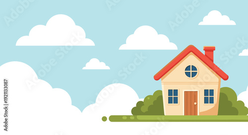 Simple cartoon illustration of a cozy house with a red roof under a blue sky with fluffy clouds, with copy space.