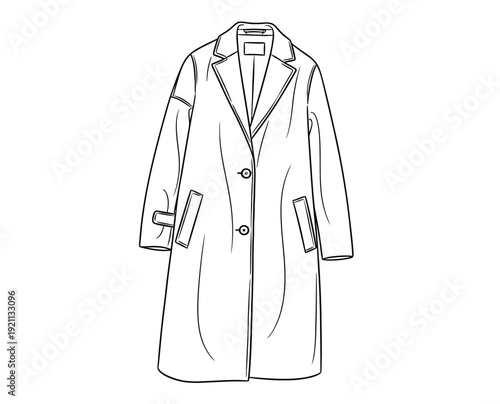 Line drawing of a classic trench coat with a notched collar, two buttons, side pockets, and long sleeves, conveying a stylish and timeless design.