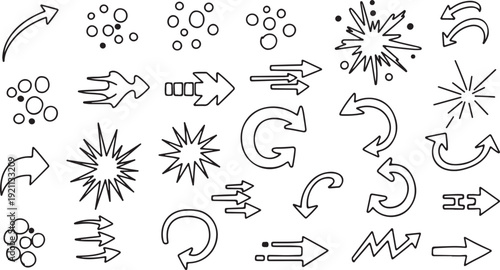 Hand drawn arrows and effects in minimalist black and white style for graphic design elements