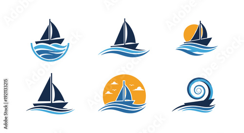 Collection of six nautical logos featuring a simple sailboat on blue ocean waves, perfect for travel or marine brands.